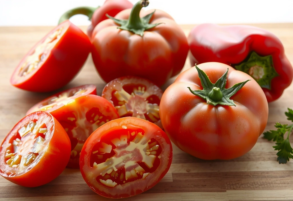 Rodajas de tomate fresco y pimientos rojos vibrantes
