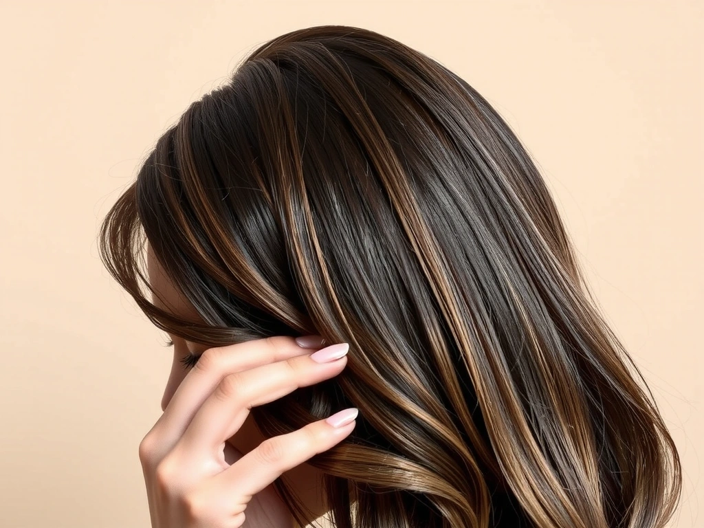 Cabello brillante y fuerte con puntas sanas, y uñas bien cuidadas en un fondo neutro