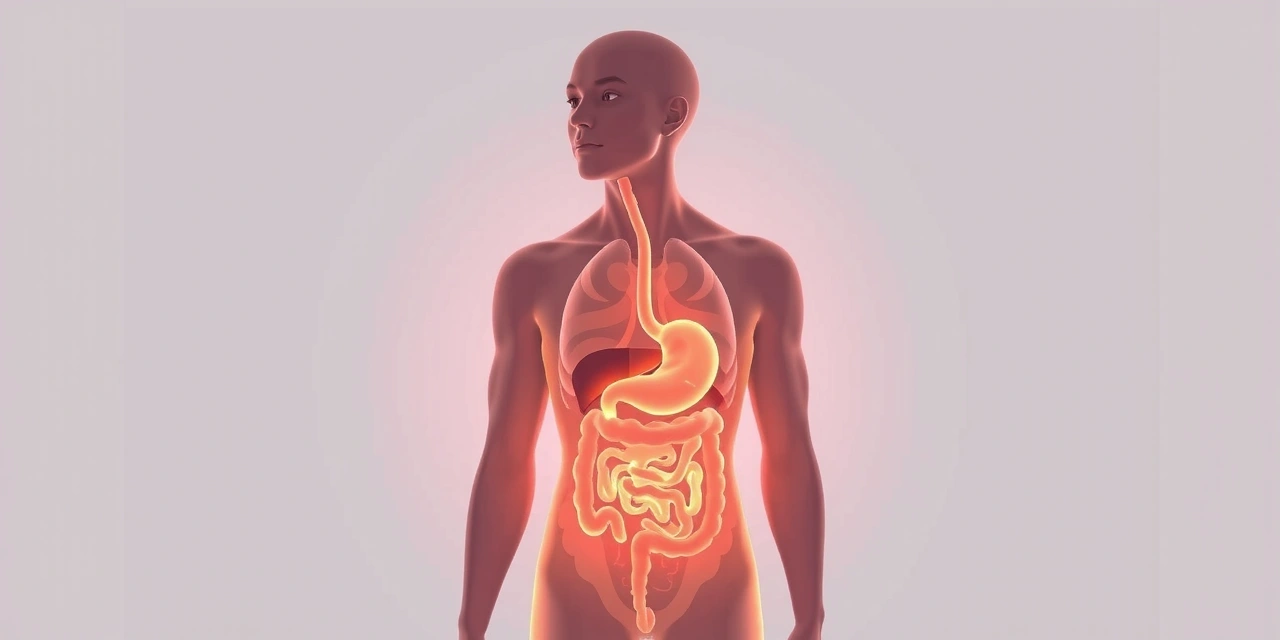 Ilustración abstracta del sistema digestivo humano con elementos de luz y energía