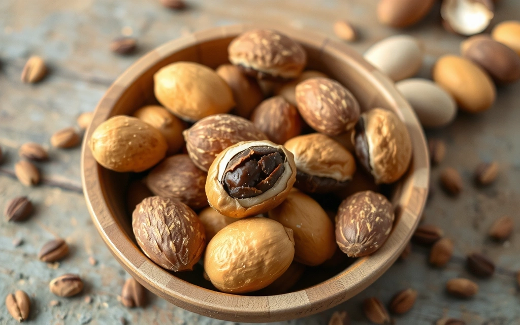 Un puñado de nueces de Brasil frescas en un cuenco de madera, con un enfoque suave para resaltar su textura.
