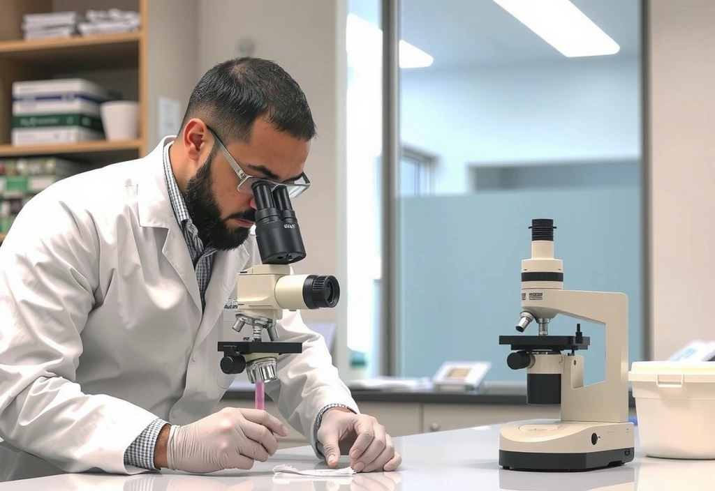 Un científico en un laboratorio examinando muestras con un microscopio, simbolizando control de calidad.