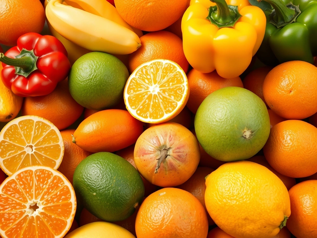 Cítricos variados y pimientos de colores