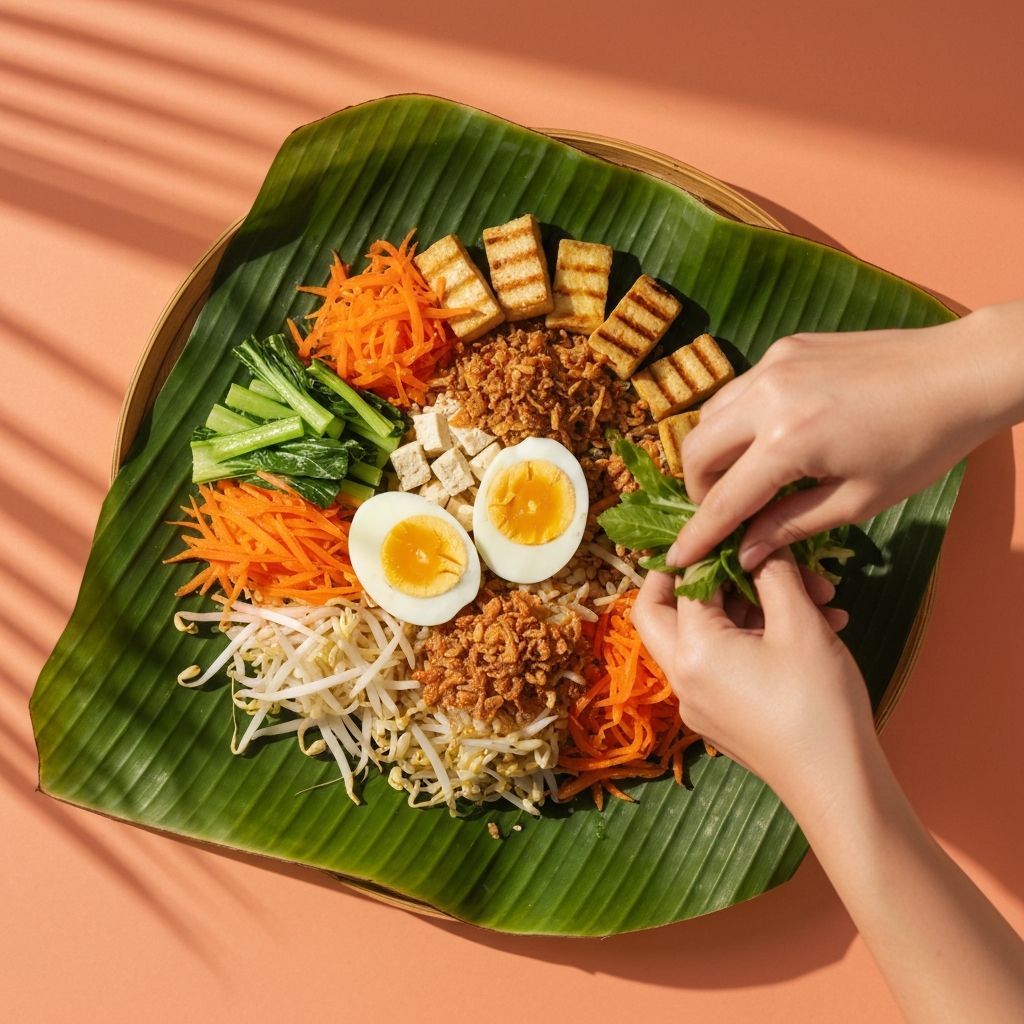 Indonesian gado-gado dish with fresh vegetables and soft tropical light