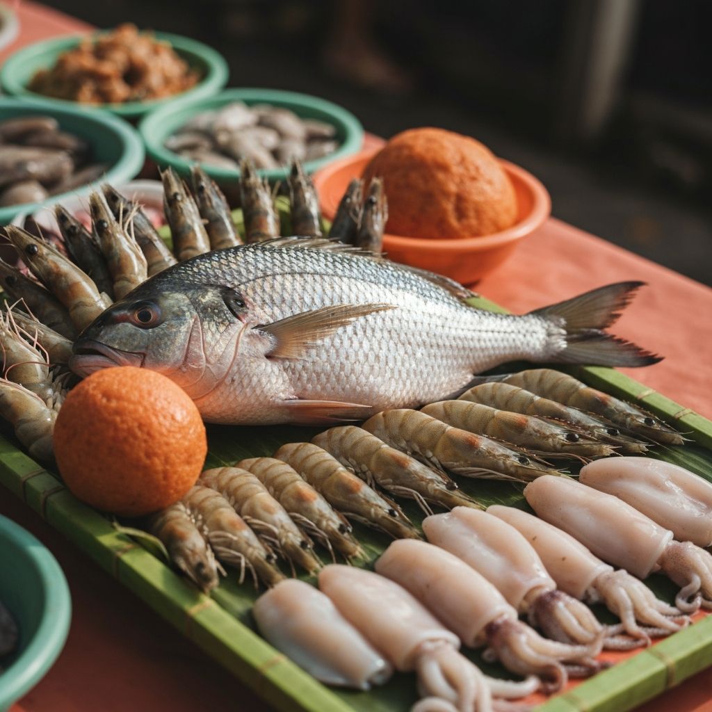 Fresh local Indonesian seafood with natural textures and soft lighting