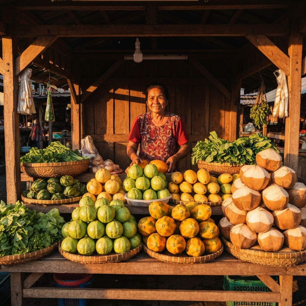 Traditional Indonesian market stall with colorful tropical produce display