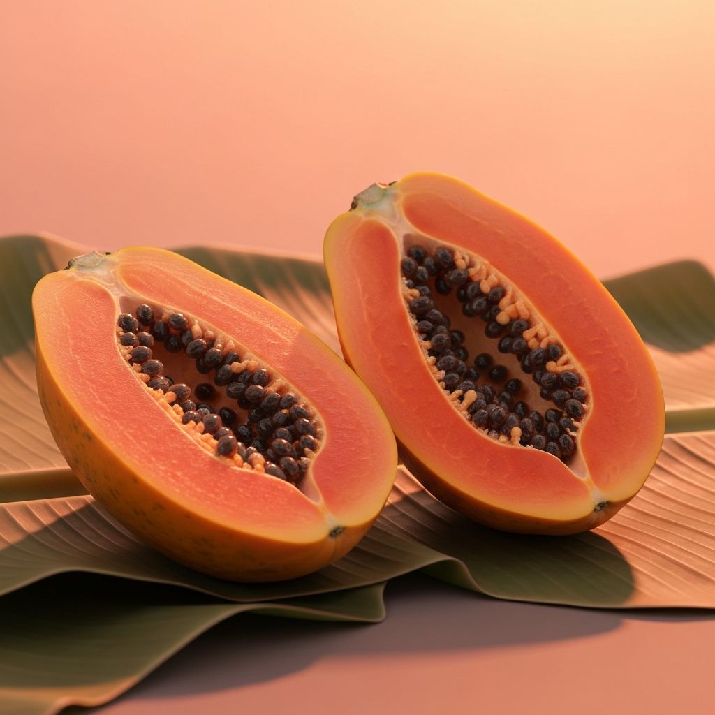 Vibrant papaya halves with orange flesh and seeds