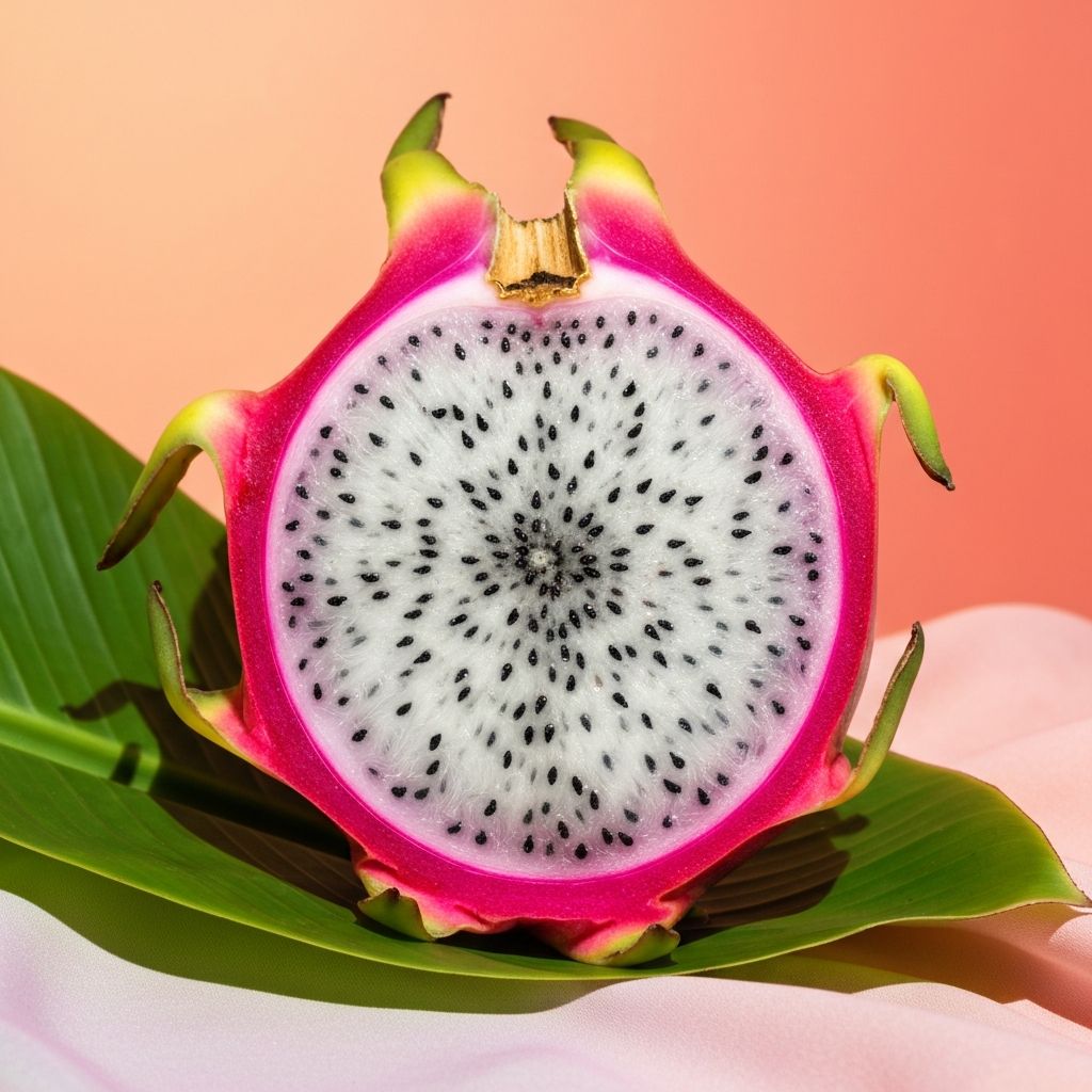Dragon fruit cross-section showing white flesh with tiny black seeds